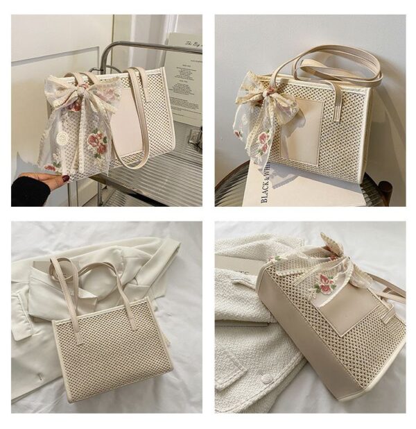 New Straw Woven Tote Bag Simple And Elegant Flower Lace Bow Knot Shoulder Bag Lady Summer Beach Large-capacity Handbag